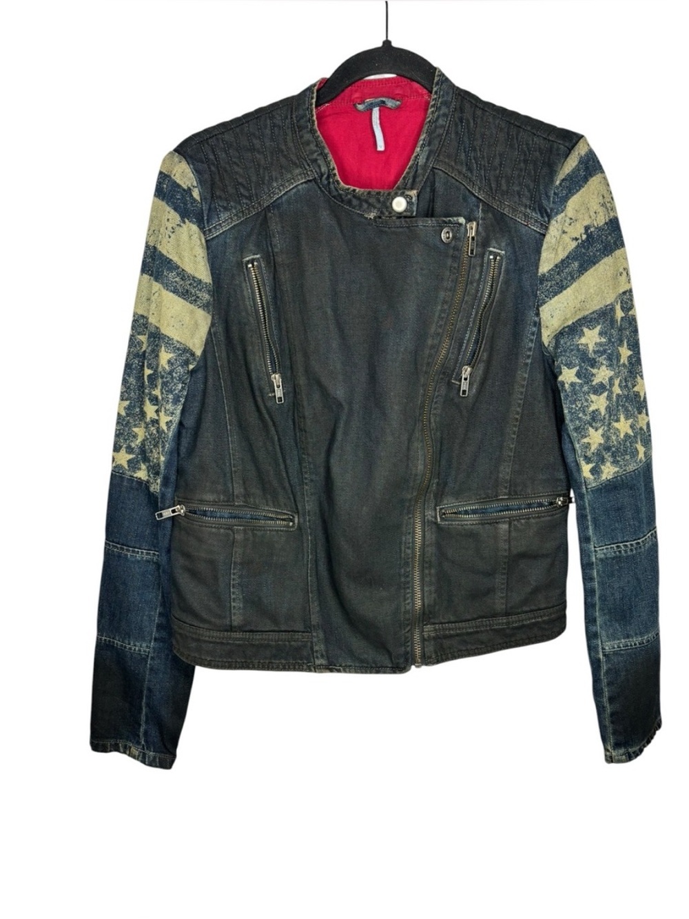 We The Free - Free People Denim Moto Jacket with Star Stripe Sleeves - Picture 3 of 10